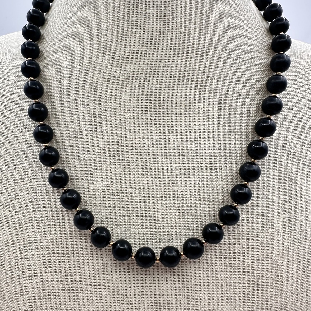 Vintage Y2K Glossy Black Beaded Necklace Gold-Tone Women's Jewelry Bib